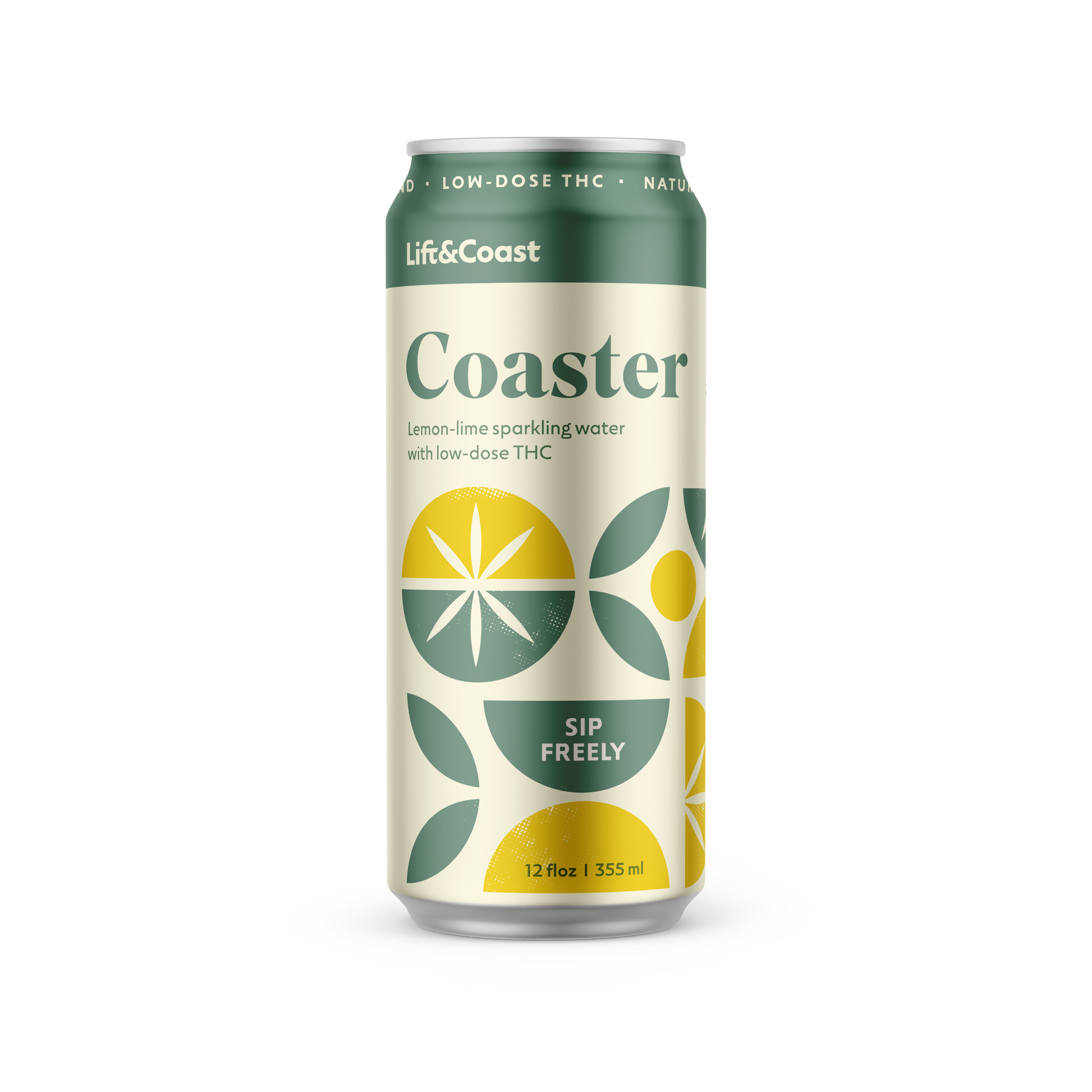 Coaster Lemon-Lime THC seltzer 6-pack—micro-dosed hemp-derived Δ9 THC, THCV, and CBG; zero sugar.
