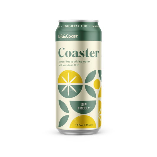 Coaster Lemon-Lime THC seltzer 6-pack—micro-dosed hemp-derived Δ9 THC, THCV, and CBG; zero sugar.